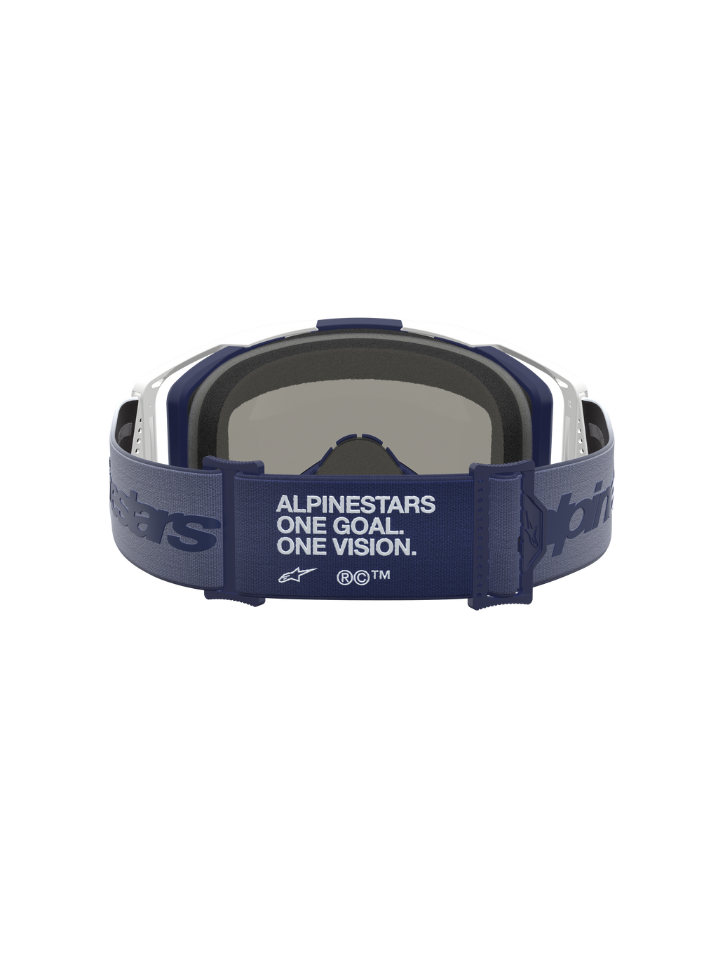 Masque Alpinestars Vision 8 Amber, masque de motocross blanc et bleu marine, manifeste One Goal One Vision sur le bandeau.