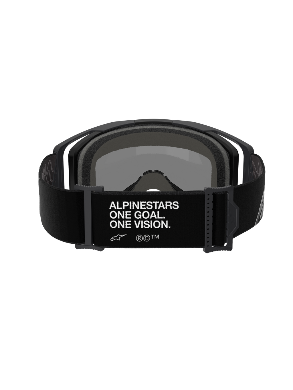 Masque Alpinestars Vision 8 Corp, masque de motocross, vue arrière du bandeau réglable noir avec le marquage blanc « ALPINESTARS ONE GOAL. ONE VISION. », monture noire et rembourrage en mousse