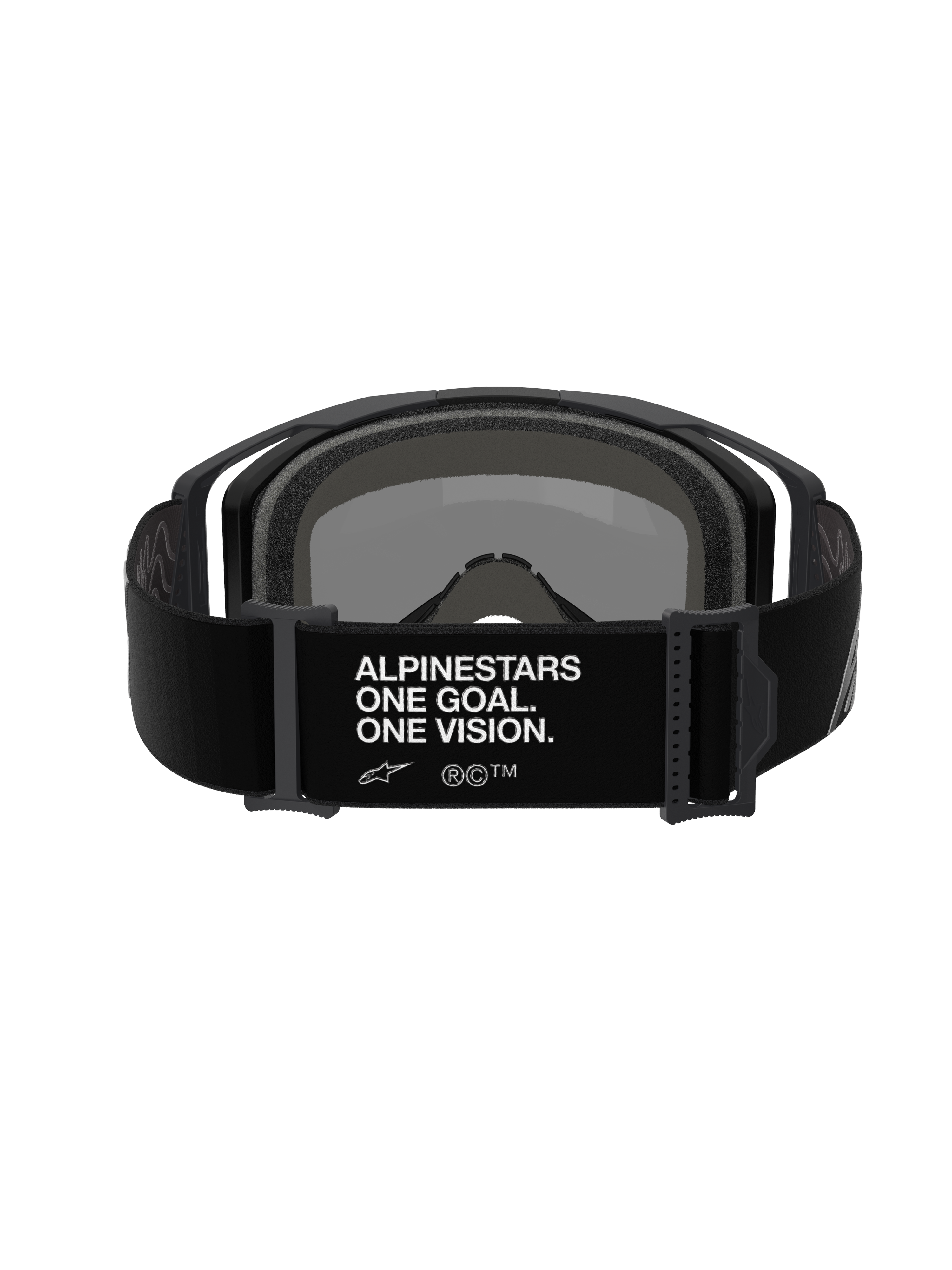 Masque Alpinestars Vision 8 Corp, masque de motocross, vue arrière du bandeau réglable noir avec le marquage blanc « ALPINESTARS ONE GOAL. ONE VISION. », monture noire et rembourrage en mousse