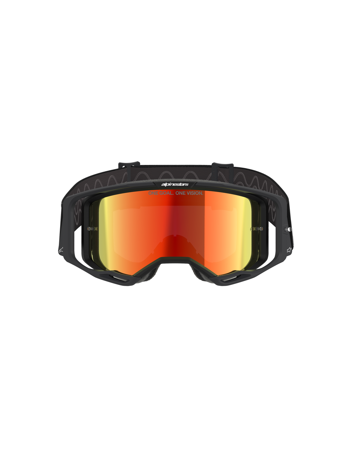 Lunettes Alpinestars Vision 8 Corp, lunettes de motocross, noir et rouge miroir, vue de face présentant un écran réfléchissant rouge avec le texte « ONE GOAL. ONE VISION. », monture noire avec ventilation RAM-AIR, bandeau noir réglable, protection oculaire professionnelle pour la course tout-terrain