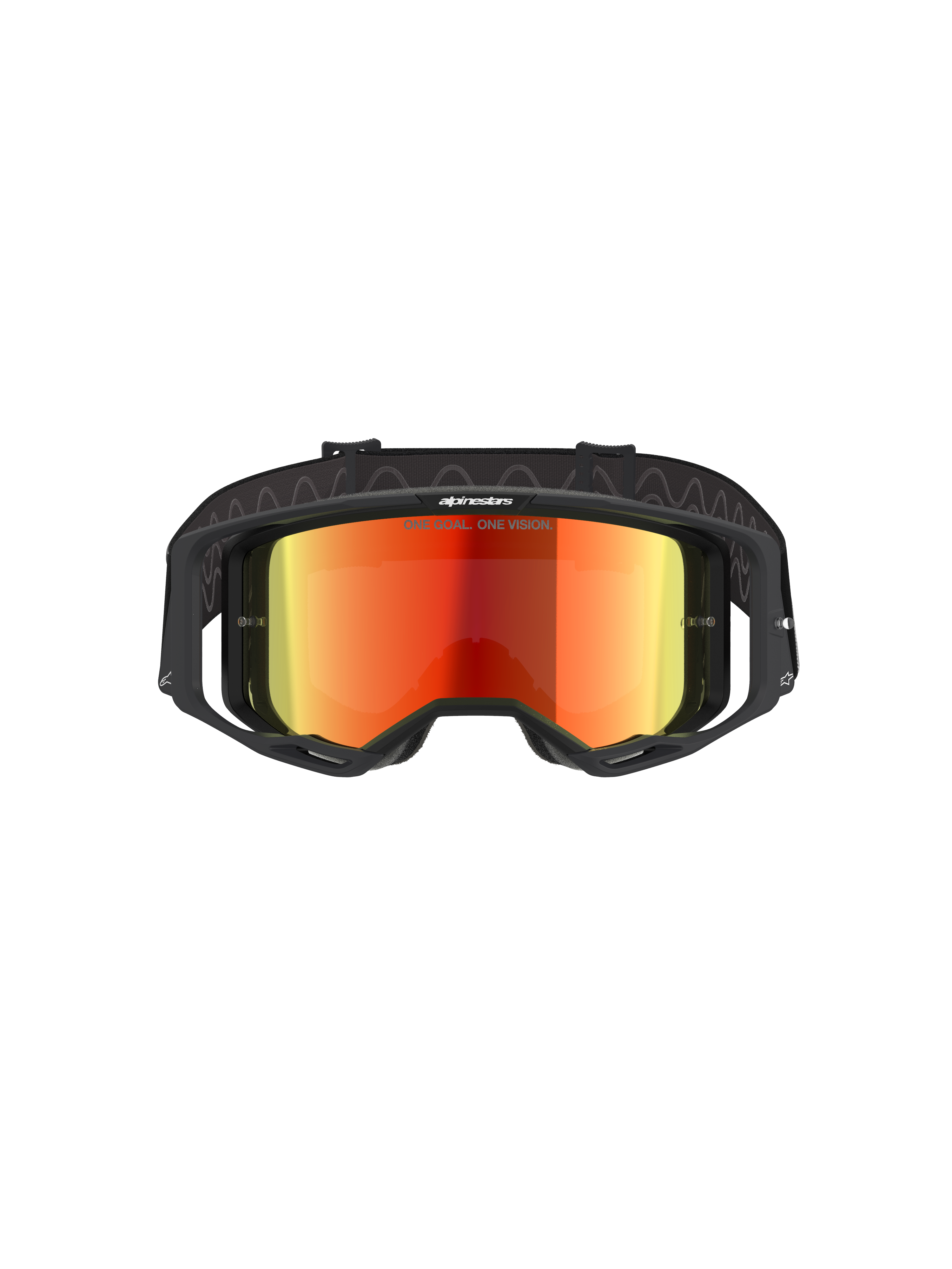 Lunettes Alpinestars Vision 8 Corp, lunettes de motocross, noir et rouge miroir, vue de face présentant un écran réfléchissant rouge avec le texte « ONE GOAL. ONE VISION. », monture noire avec ventilation RAM-AIR, bandeau noir réglable, protection oculaire professionnelle pour la course tout-terrain
