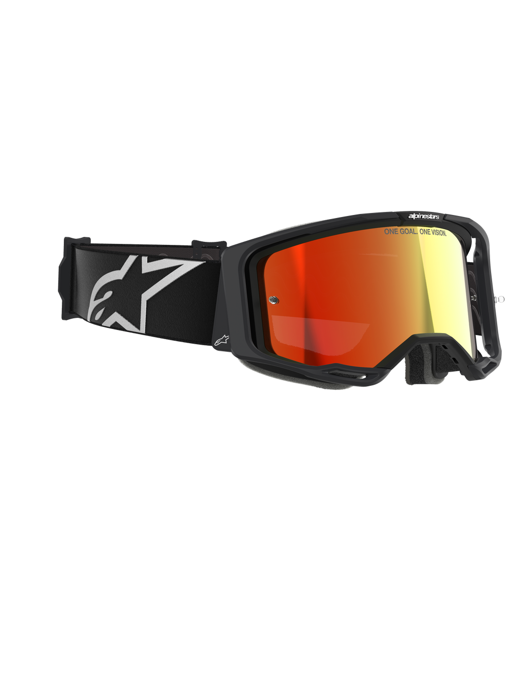 Lunettes Alpinestars Vision 8 Corp, masque de motocross, noir avec écran rouge miroir, dotées d'un bandeau noir avec logo Alpinestars blanc et texte 'ONE GOAL. ONE VISION.' sur l'écran, protection oculaire haute performance pour la course tout-terrain