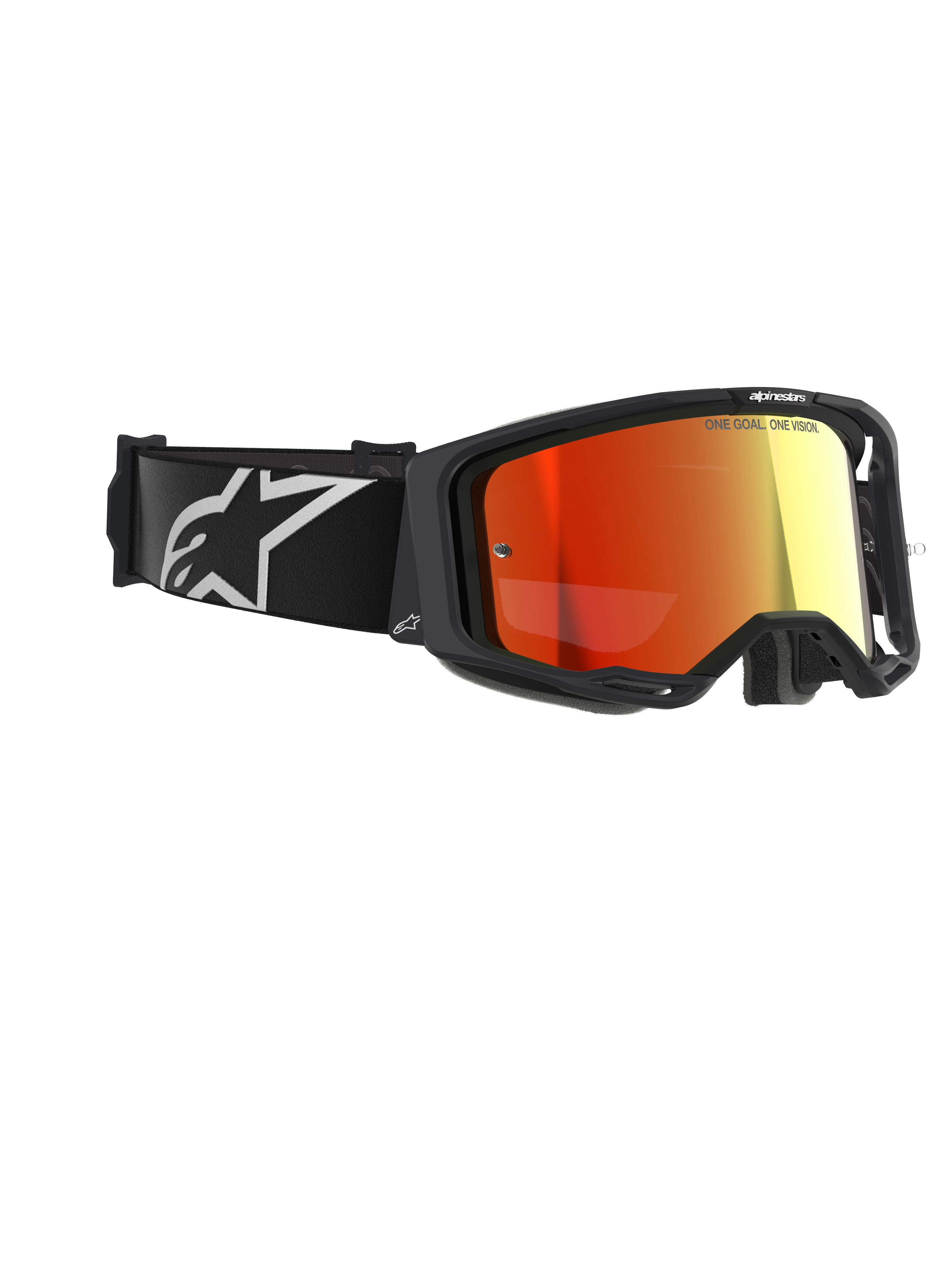 Lunettes Alpinestars Vision 8 Corp, masque de motocross, noir avec écran rouge miroir, dotées d'un bandeau noir avec logo Alpinestars blanc et texte 'ONE GOAL. ONE VISION.' sur l'écran, protection oculaire haute performance pour la course tout-terrain