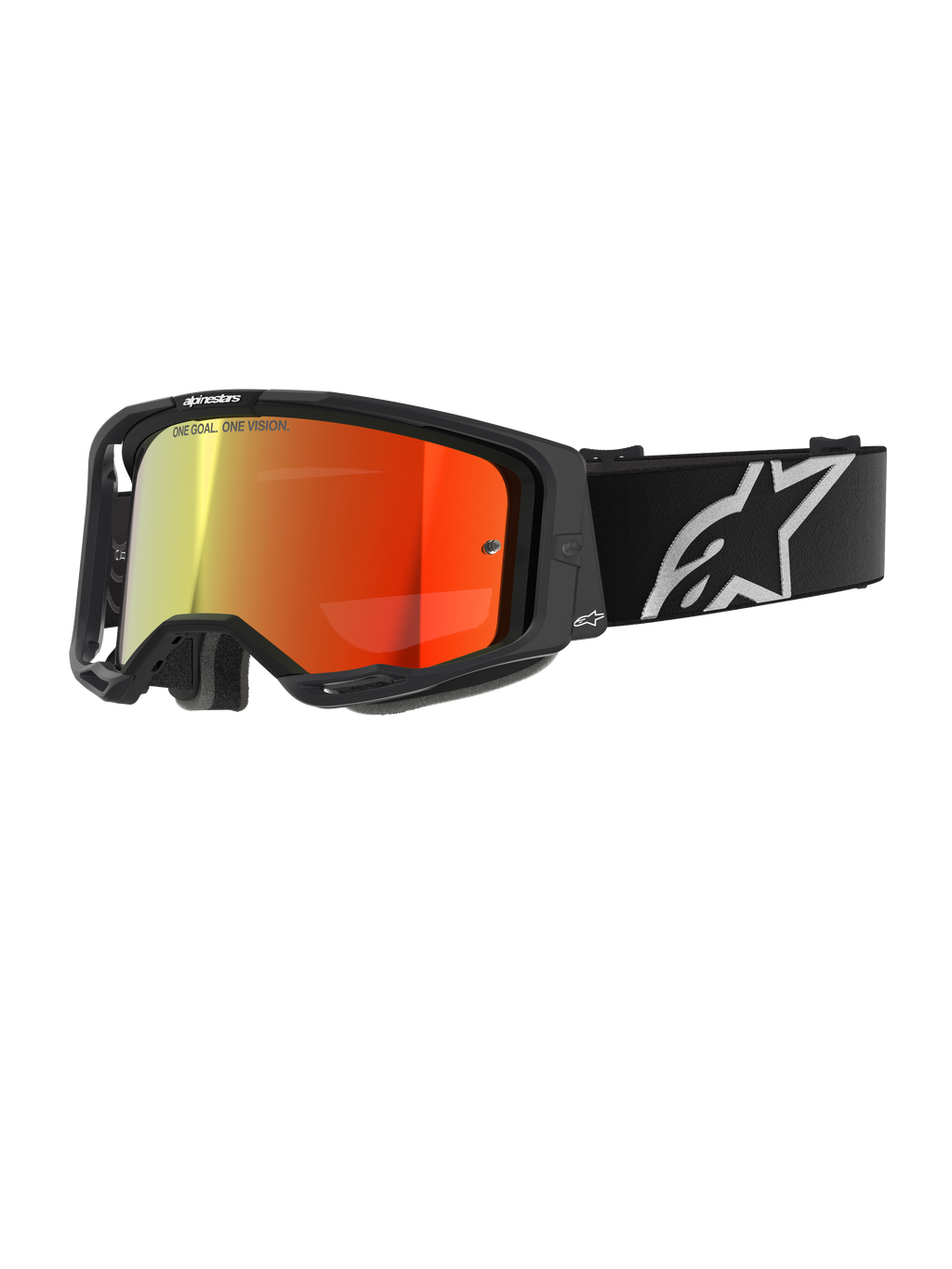 Lunettes Alpinestars Vision 8 Corp, masque de motocross, noir avec écran miroir rouge, dégradé réfléchissant du jaune au rouge, sangle noire réglable avec grand logo étoile blanc, rembourrage en mousse faciale grise, conception haute performance pour la course tout-terrain