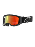 Lunettes Alpinestars Vision 8 Corp, masque de motocross, noir avec écran miroir rouge, dégradé réfléchissant du jaune au rouge, sangle noire réglable avec grand logo étoile blanc, rembourrage en mousse faciale grise, conception haute performance pour la course tout-terrain