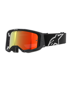 Lunettes Alpinestars Vision 8 Corp, masque de motocross, noir avec écran miroir rouge, dégradé réfléchissant du jaune au rouge, sangle noire réglable avec grand logo étoile blanc, rembourrage en mousse faciale grise, conception haute performance pour la course tout-terrain