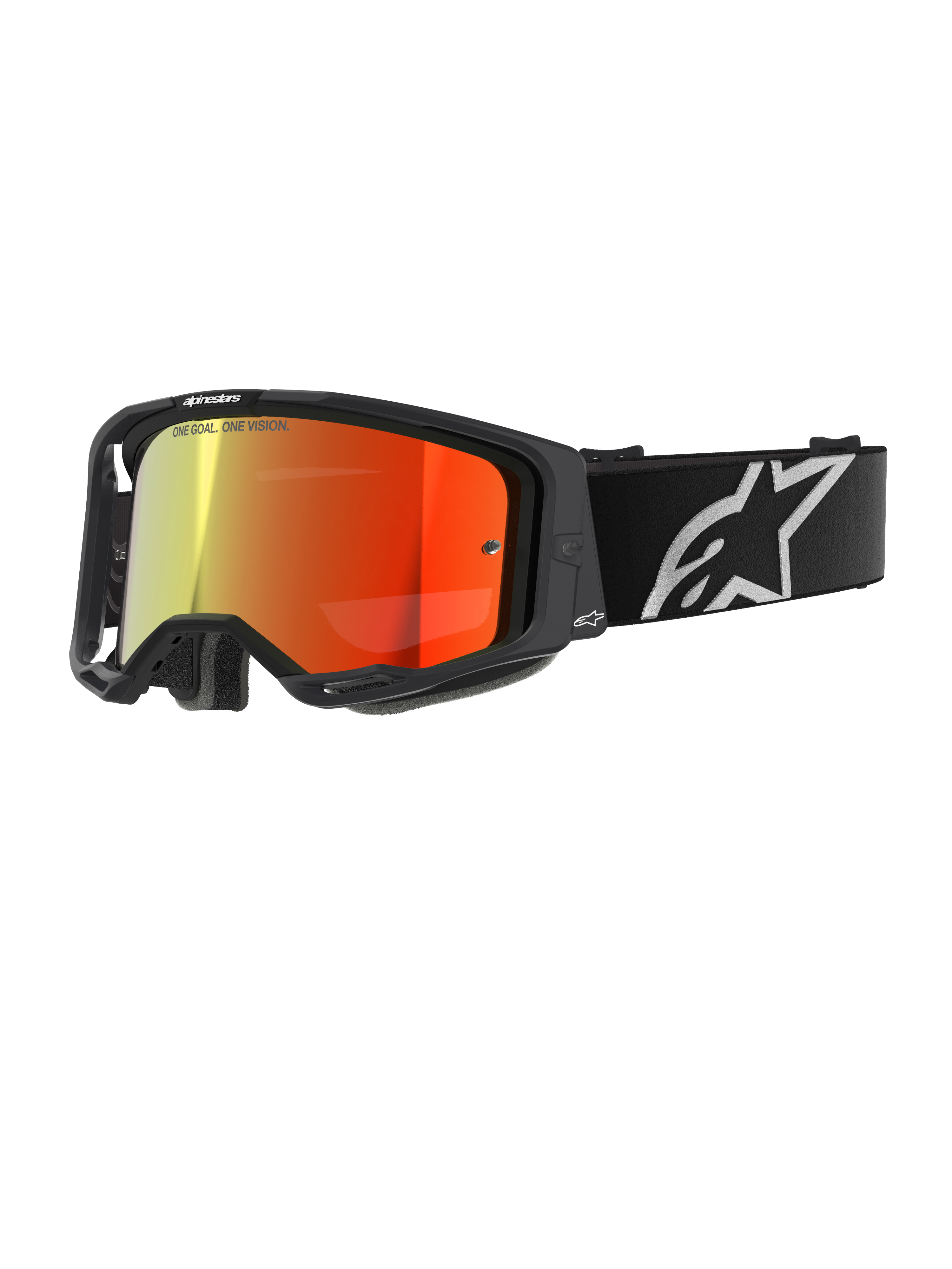 Lunettes Alpinestars Vision 8 Corp, masque de motocross, noir avec écran miroir rouge, dégradé réfléchissant du jaune au rouge, sangle noire réglable avec grand logo étoile blanc, rembourrage en mousse faciale grise, conception haute performance pour la course tout-terrain