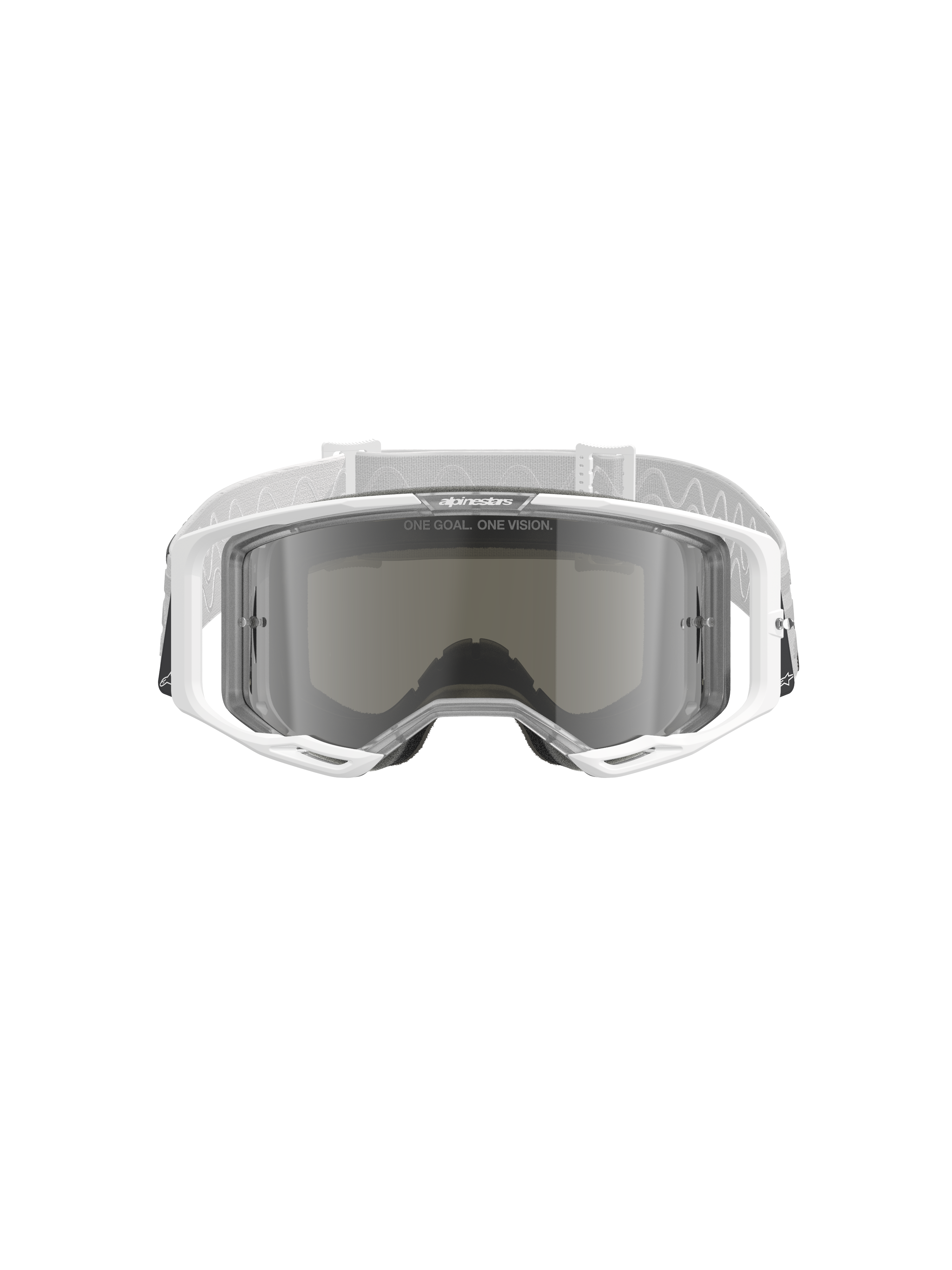 Lunettes de motocross Alpinestars Vision 8 Corp, blanc avec écran argenté miroir, vue de face montrant l'écran grand angle en polycarbonate, le système de ventilation RAM-AIR et la sangle tissée blanche avec logo.