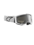 Masque Alpinestars Vision 8 Corp, lunettes de motocross, blanc et argent miroir, doté d'une monture A-FLEX blanche avec écran argent miroir et d'un bandeau tissé blanc arborant un grand logo étoile Alpinestars noir