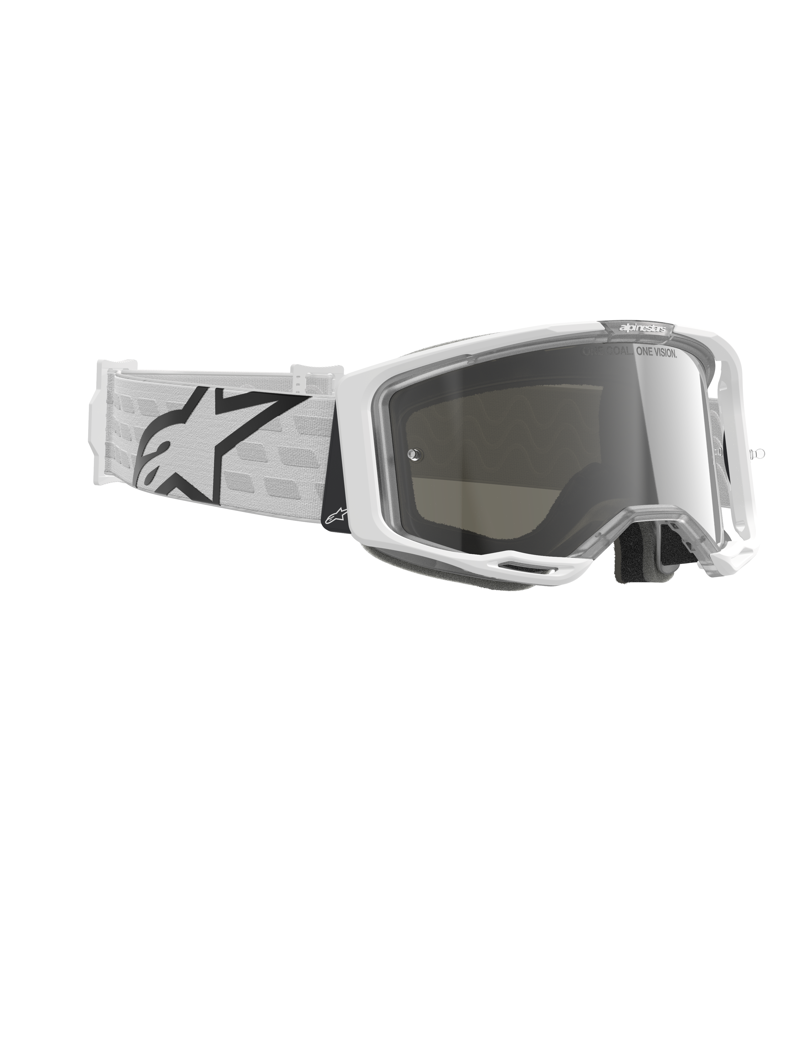 Masque Alpinestars Vision 8 Corp, lunettes de motocross, blanc et argent miroir, doté d'une monture A-FLEX blanche avec écran argent miroir et d'un bandeau tissé blanc arborant un grand logo étoile Alpinestars noir