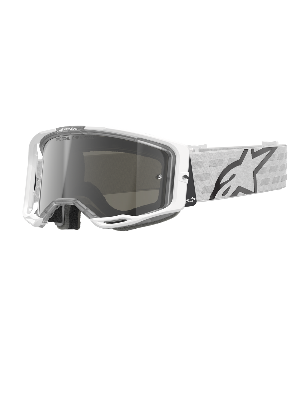 Alpinestars Vision 8 Corp Goggles, lunettes de motocross blanches, écran miroir argenté, sangle à motifs gris et blancs, lunettes de course tout-terrain, rembourrage intérieur confortable, monture rectangulaire moderne