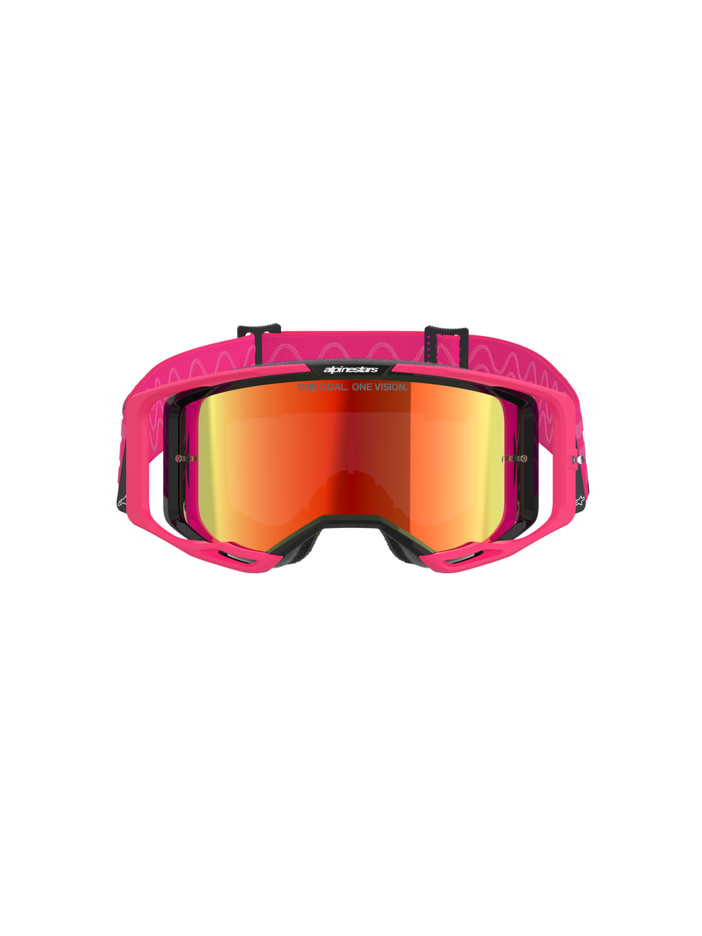 Alpinestars Vision 8 Corp Goggles, masque de motocross, monture rose avec écran rouge miroir, large bandeau rose avec motif silicone ondulé, cadre A-FLEX avec stabilisateurs, équipement de protection tout-terrain haute performance