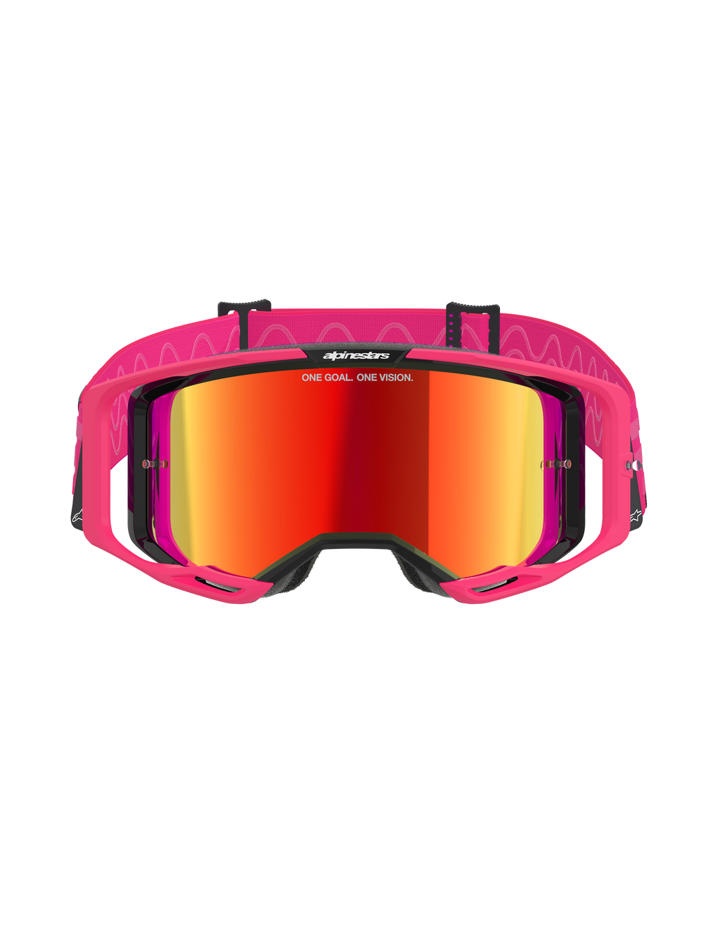 Lunettes Alpinestars Vision 8 Corp, lunettes de motocross, rose miroir rouge, avec monture A-FLEX rose et écran miroir rouge, bandeau rose avec motifs ondulés blancs et logo, protection oculaire professionnelle pour le tout-terrain