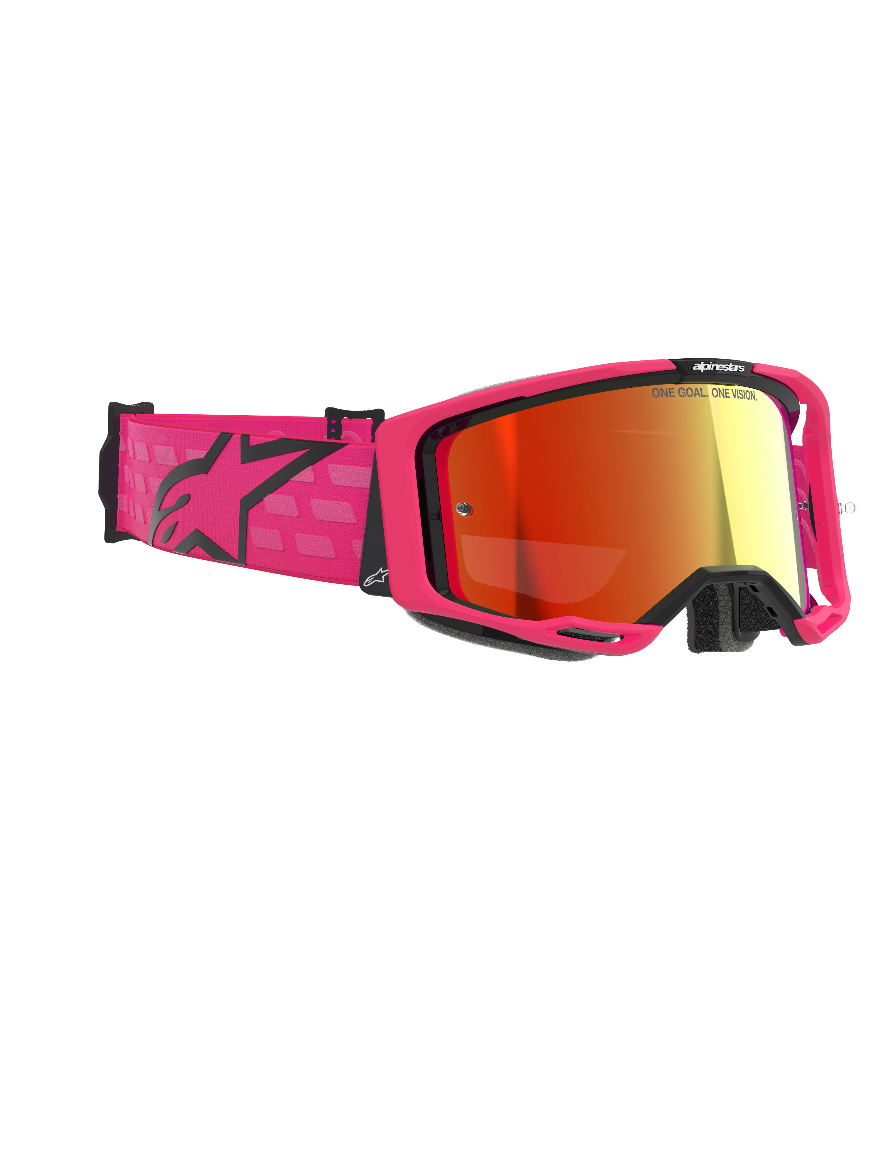 Masque Alpinestars Vision 8 Corp, masque de motocross, rose et rouge miroir, doté d'une monture rose vif et d'un bandeau large avec logo Alpinestars noir, écran rouge miroir antibuée, équipement de protection haute performance pour le tout-terrain