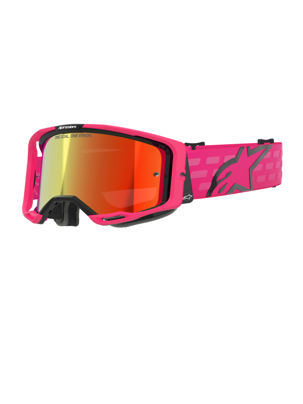 Alpinestars Vision 8 Corp Goggles, lunettes de motocross, rose et rouge miroir, monture rose avec accents noirs, sangle réglable rose avec logo noir et motif à damier, lunettes tout-terrain professionnelles