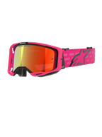 Alpinestars Vision 8 Corp Goggles, lunettes de motocross, rose et rouge miroir, monture rose avec accents noirs, sangle réglable rose avec logo noir et motif à damier, lunettes tout-terrain professionnelles