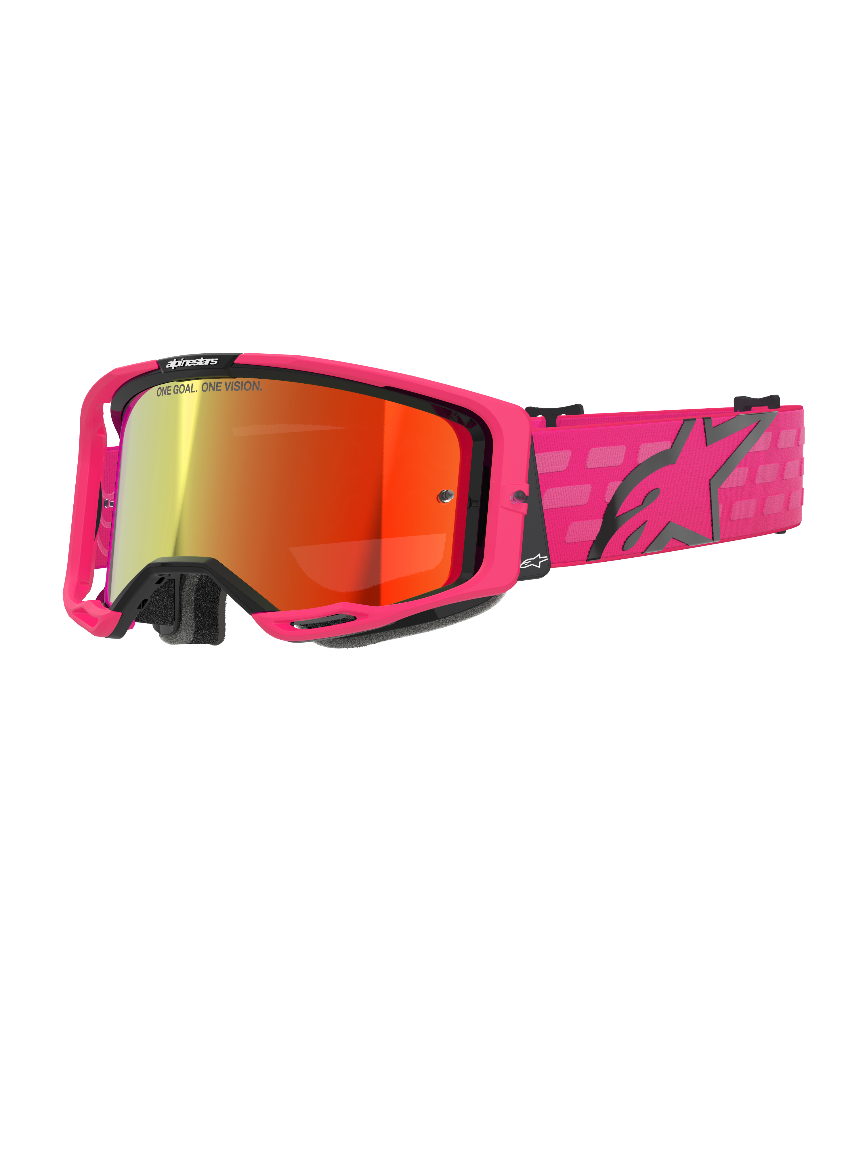 Alpinestars Vision 8 Corp Goggles, Motocross Goggles, Pink and Mirrored Red, Pink frame with black accents, adjustable pink strap with black logo and checkered pattern, professional off-road eyewear
