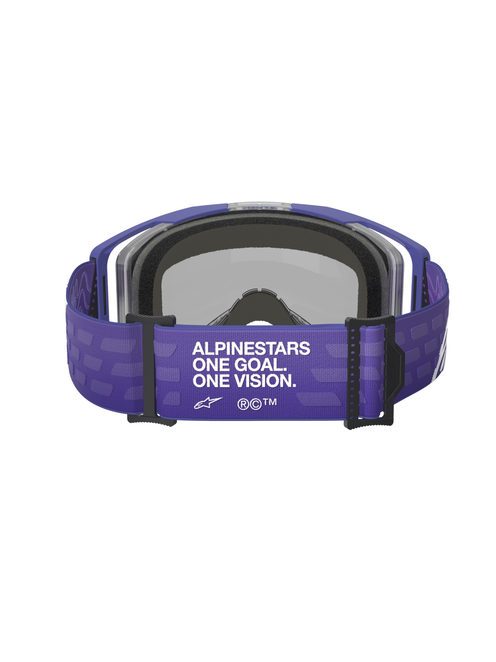 Lunettes Alpinestars Vision 8 Corp, pourpre, vue arrière présentant une large sangle pourpre avec texte blanc 'ALPINESTARS ONE GOAL. ONE VISION.', attaches noires et mousse faciale grise, lunettes de motocross