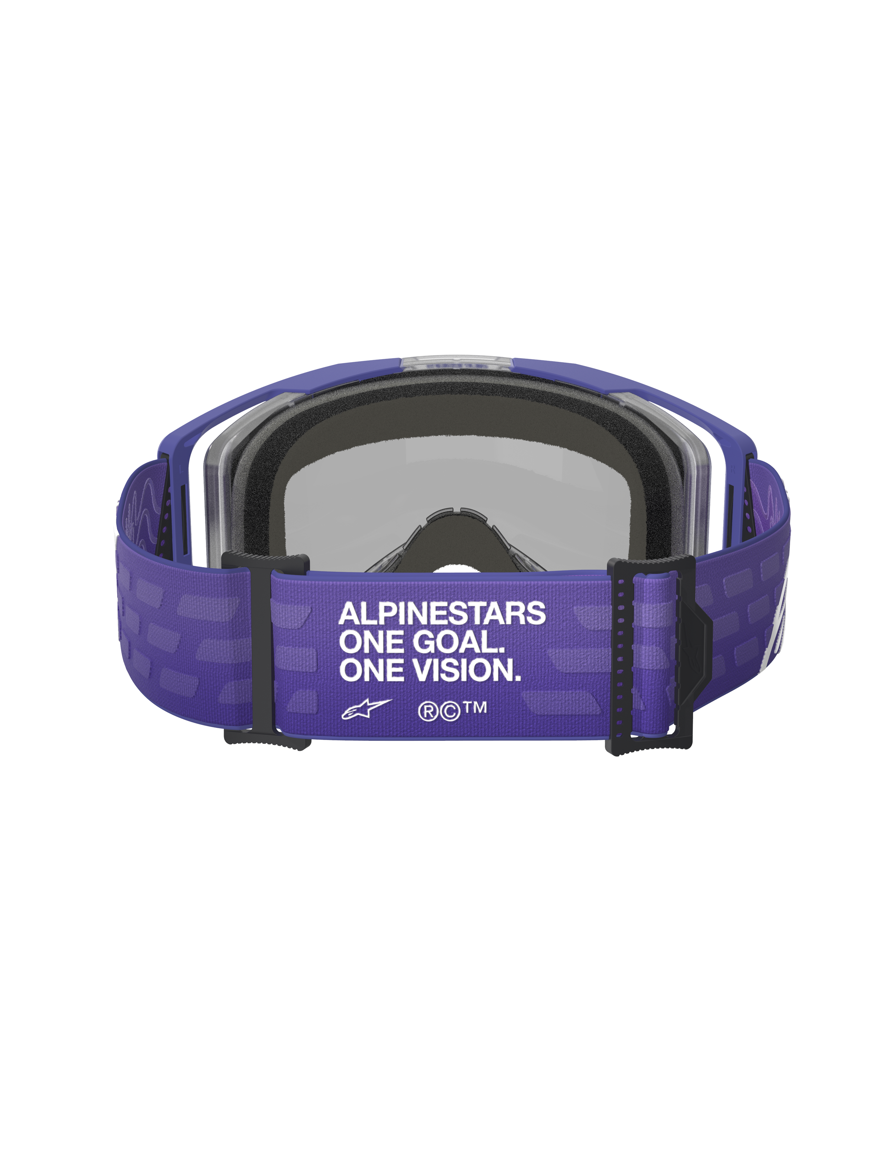 Lunettes Alpinestars Vision 8 Corp, pourpre, vue arrière présentant une large sangle pourpre avec texte blanc 'ALPINESTARS ONE GOAL. ONE VISION.', attaches noires et mousse faciale grise, lunettes de motocross
