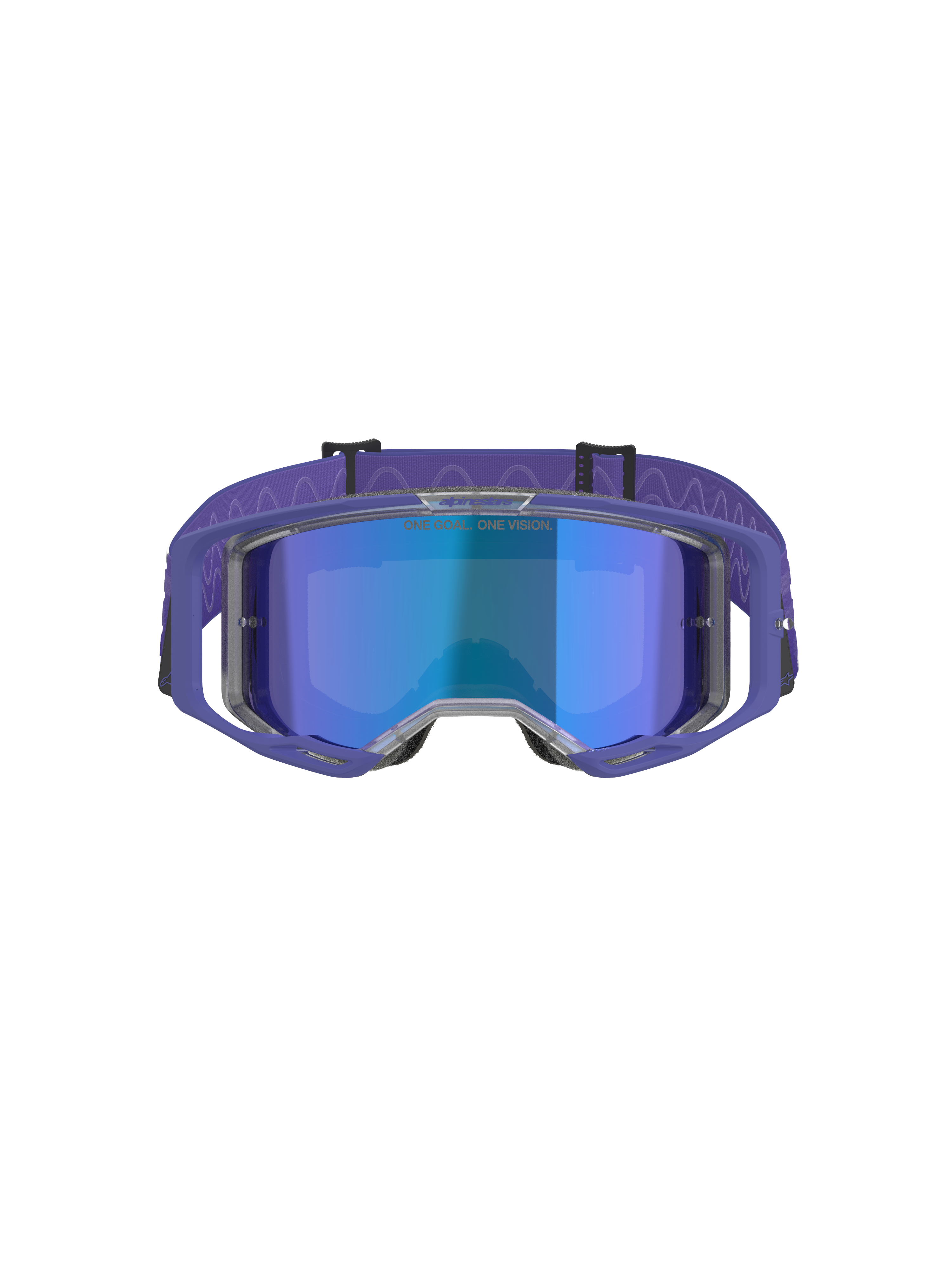 Lunettes Alpinestars Vision 8 Corp, masque de motocross, monture pourpre avec écran miroir bleu, sangle pourpre avec motif ondulé, protection oculaire haute performance pour la course tout-terrain