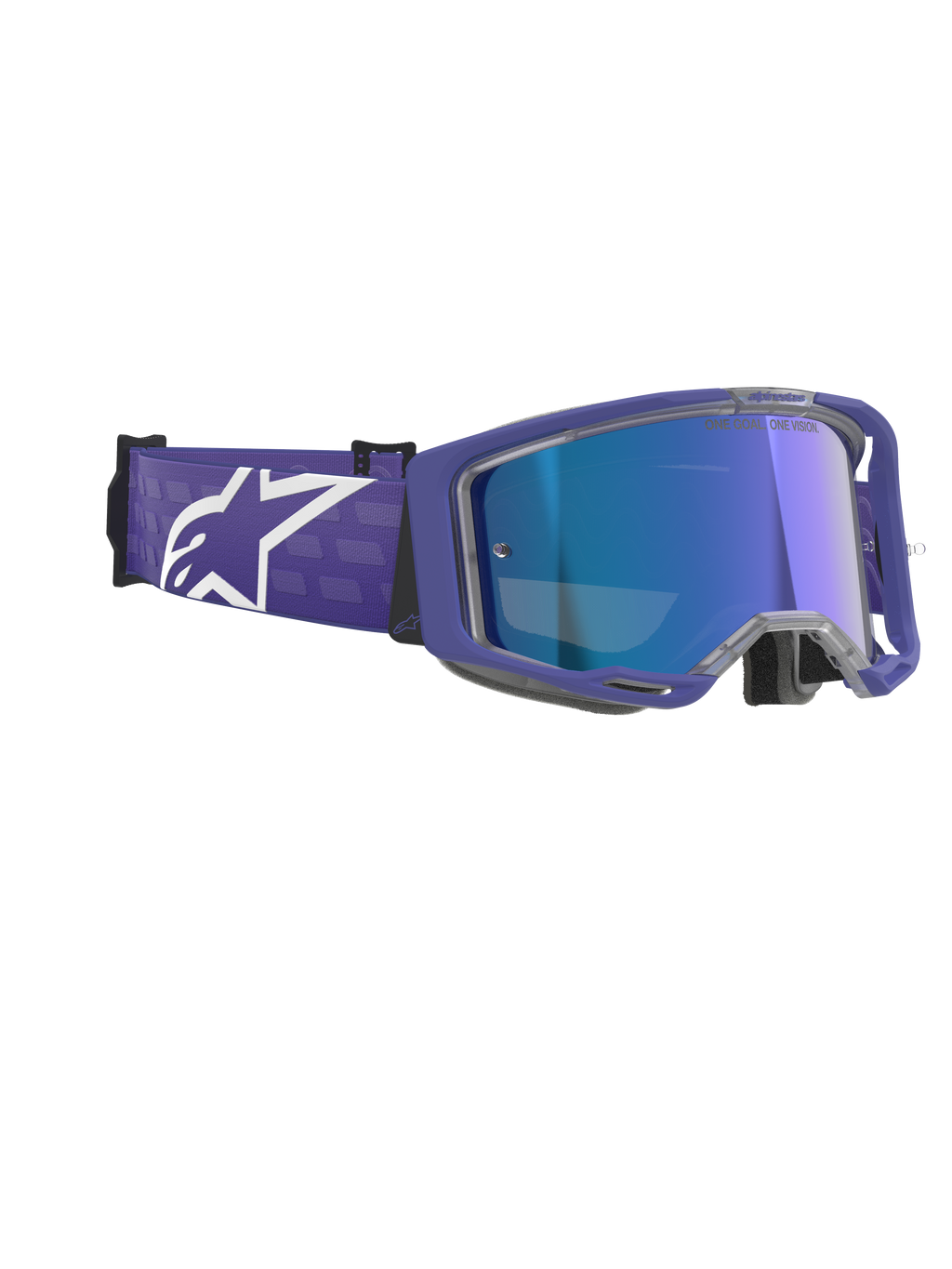 Lunettes Alpinestars Vision 8 Corp, lunettes de motocross, Pourpre Miroir Bleu, avec monture pourpre et lentille miroir bleue anti-buée, large sangle pourpre avec logo Alpinestars blanc, protection oculaire haute performance pour la course tout-terrain