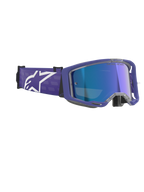 Lunettes Alpinestars Vision 8 Corp, lunettes de motocross, Pourpre Miroir Bleu, avec monture pourpre et lentille miroir bleue anti-buée, large sangle pourpre avec logo Alpinestars blanc, protection oculaire haute performance pour la course tout-terrain