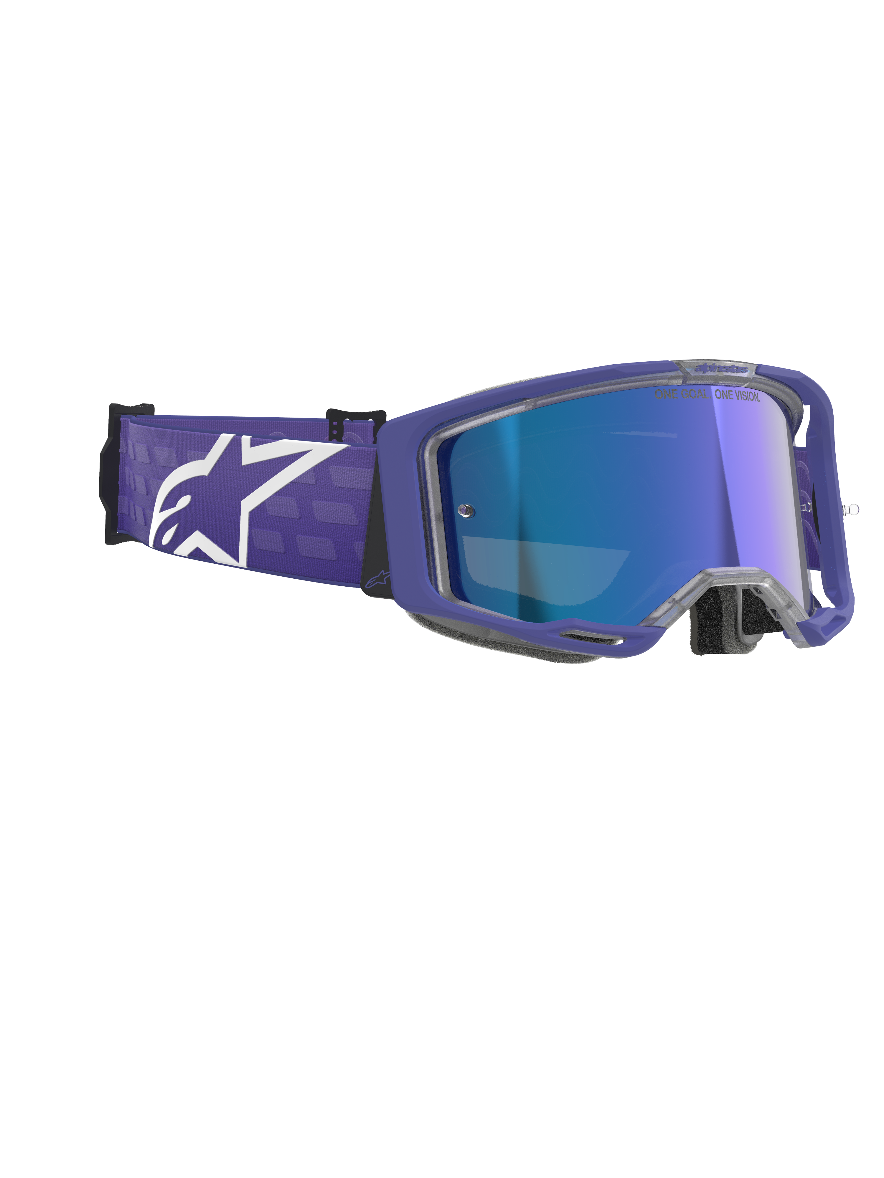 Lunettes Alpinestars Vision 8 Corp, lunettes de motocross, Pourpre Miroir Bleu, avec monture pourpre et lentille miroir bleue anti-buée, large sangle pourpre avec logo Alpinestars blanc, protection oculaire haute performance pour la course tout-terrain