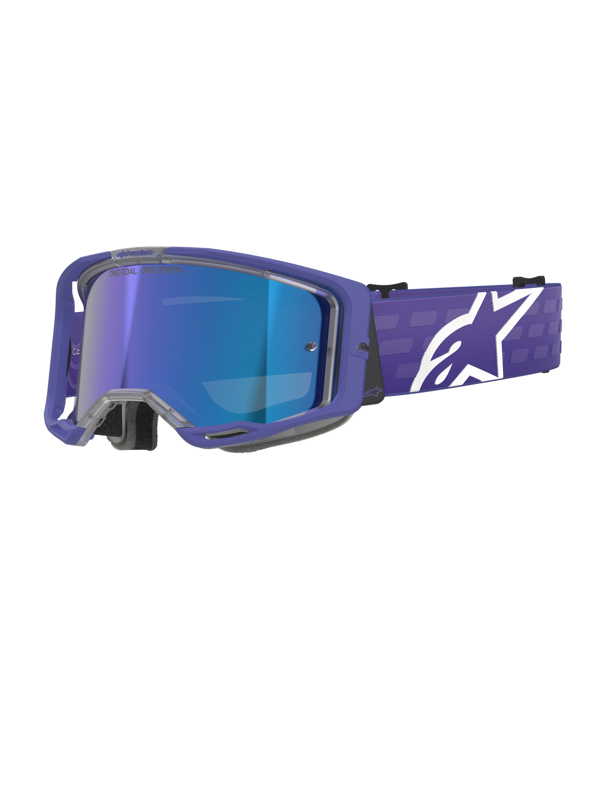 Alpinestars Vision 8 Corp Goggles, Motocross Goggles, Purple and Mirror Blue, Reflective Blue Lens featuring 'One Goal. One Vision.' text, Purple frame with wide strap and white Alpinestars logo, Off-road racing eye protection