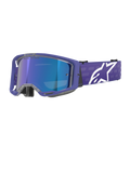 Lunettes de motocross Alpinestars Vision 8 Corp, pourpre et bleu miroir, écran bleu réfléchissant avec le texte « One Goal. One Vision. », monture pourpre avec sangle large et logo Alpinestars blanc, protection oculaire pour la course tout-terrain