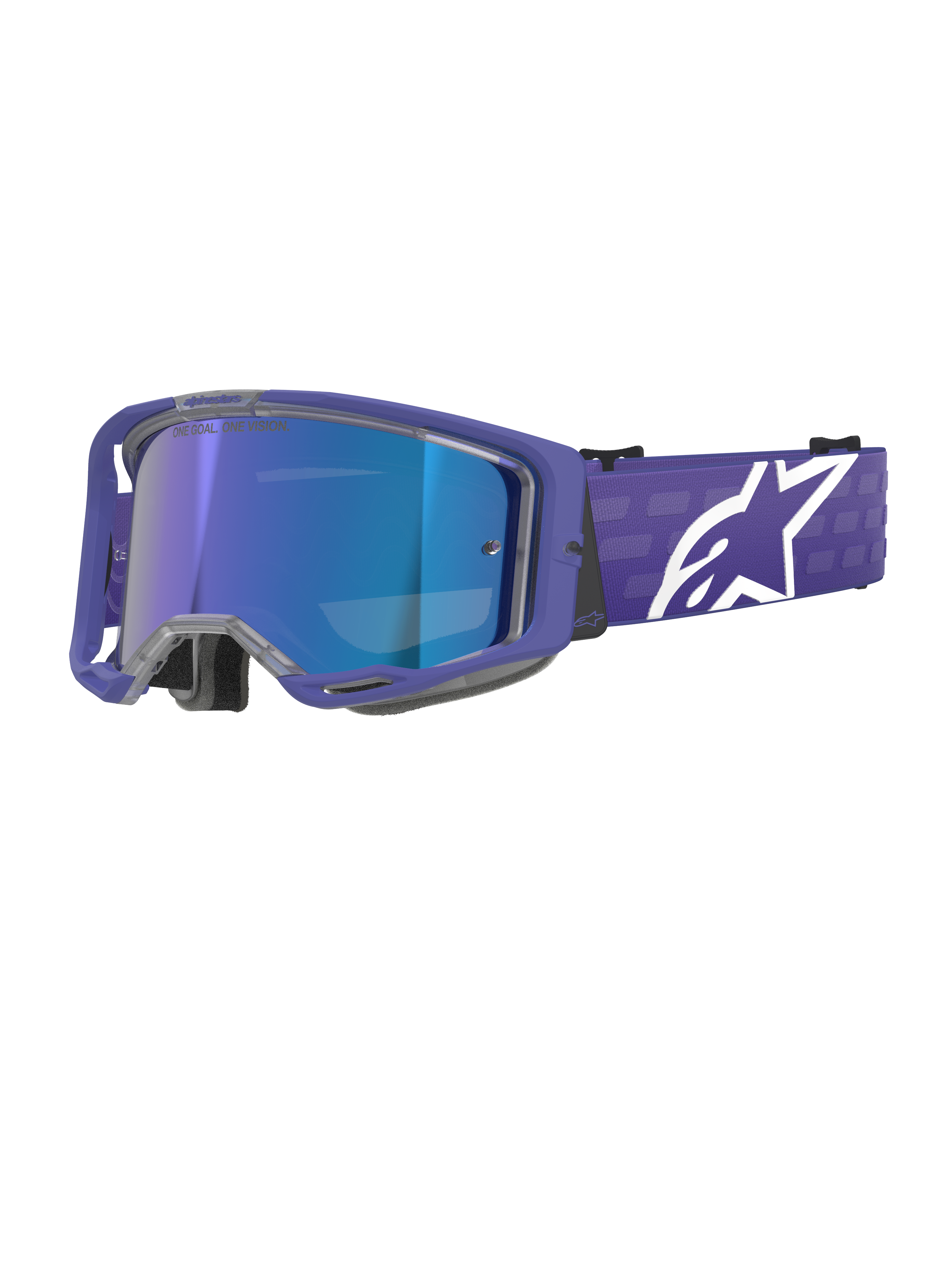 Lunettes de motocross Alpinestars Vision 8 Corp, pourpre et bleu miroir, écran bleu réfléchissant avec le texte « One Goal. One Vision. », monture pourpre avec sangle large et logo Alpinestars blanc, protection oculaire pour la course tout-terrain