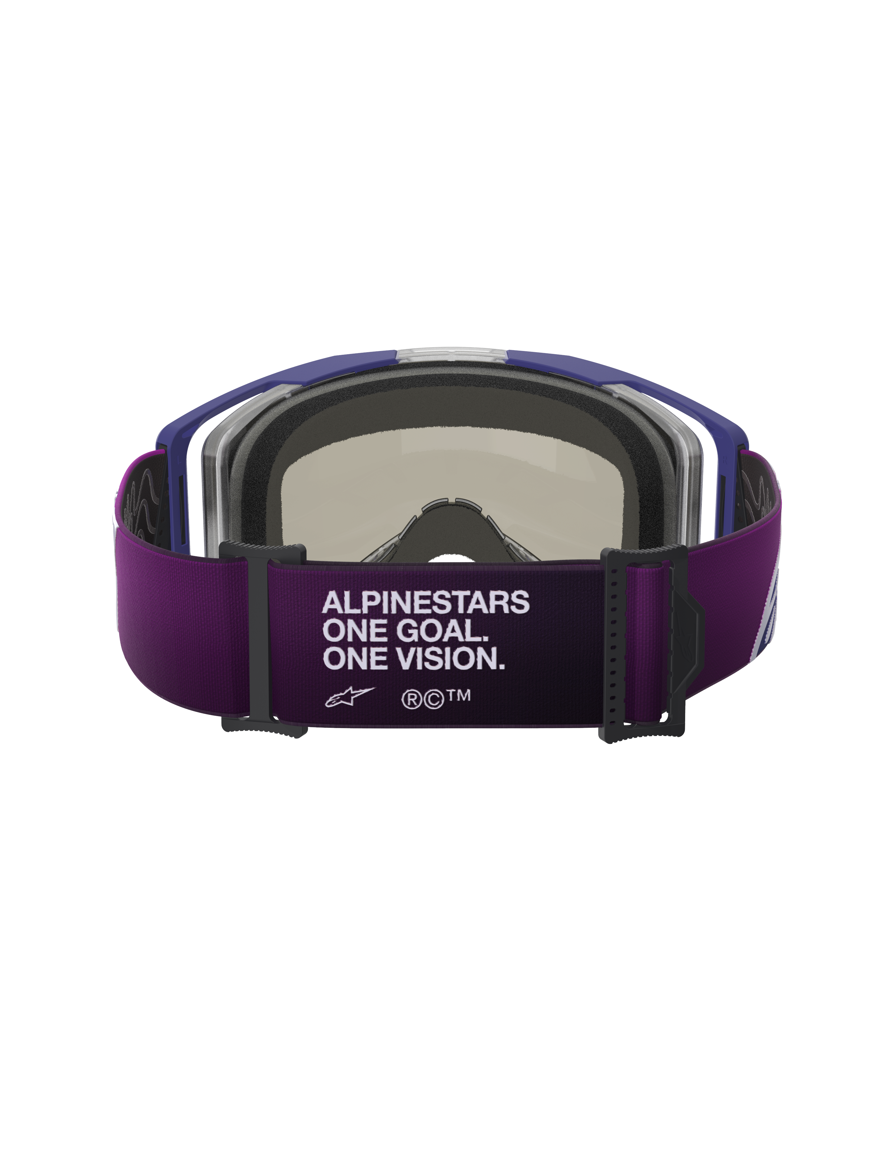 Alpinestars Vision 8 Corp Goggles, back view, purple strap with "ALPINESTARS ONE GOAL. ONE VISION." white text, gray 3D-molded face foam, purple frame, performance motocross goggles