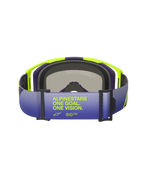 Masque Alpinestars Vision 8 Corp, vue arrière mettant l'accent sur la sangle dégradée violette et bleue, arborant le texte 'ALPINESTARS ONE GOAL. ONE VISION.' en jaune fluo, monture A-FLEX jaune vif et violette avec mousse faciale noire, lunettes de motocross professionnelles.