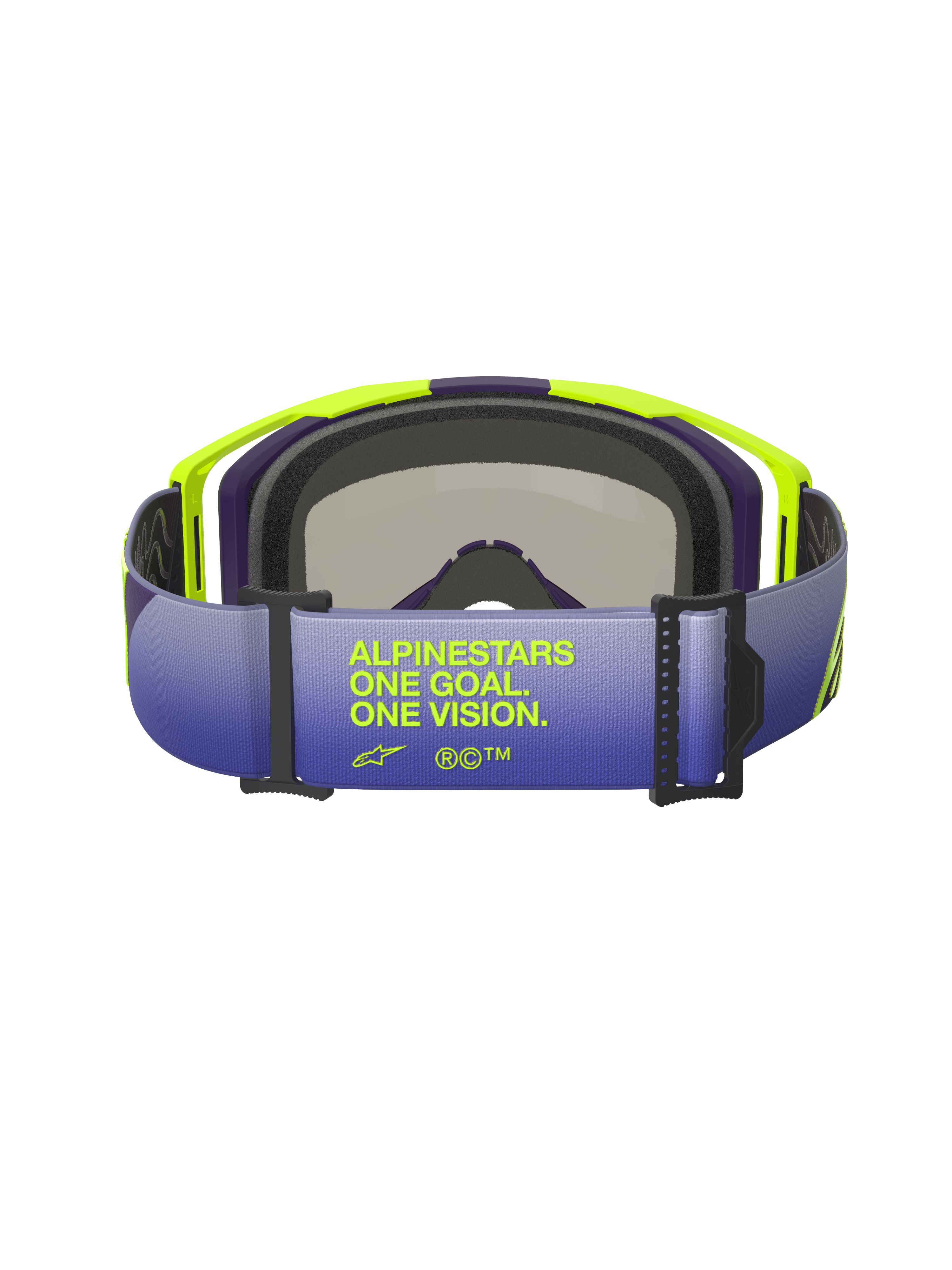 Masque Alpinestars Vision 8 Corp, vue arrière mettant l'accent sur la sangle dégradée violette et bleue, arborant le texte 'ALPINESTARS ONE GOAL. ONE VISION.' en jaune fluo, monture A-FLEX jaune vif et violette avec mousse faciale noire, lunettes de motocross professionnelles.