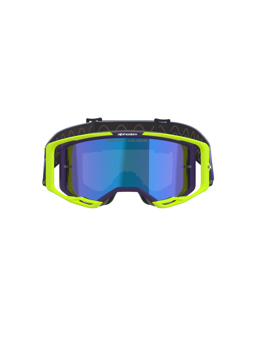 Alpinestars Vision 8 Corp Goggles, masque de motocross, violet et jaune fluo, doté d'un écran à effet miroir bleu, monture A-FLEX jaune fluo avec des accents violets et une sangle réglable violette, équipement de protection haute performance pour le tout-terrain