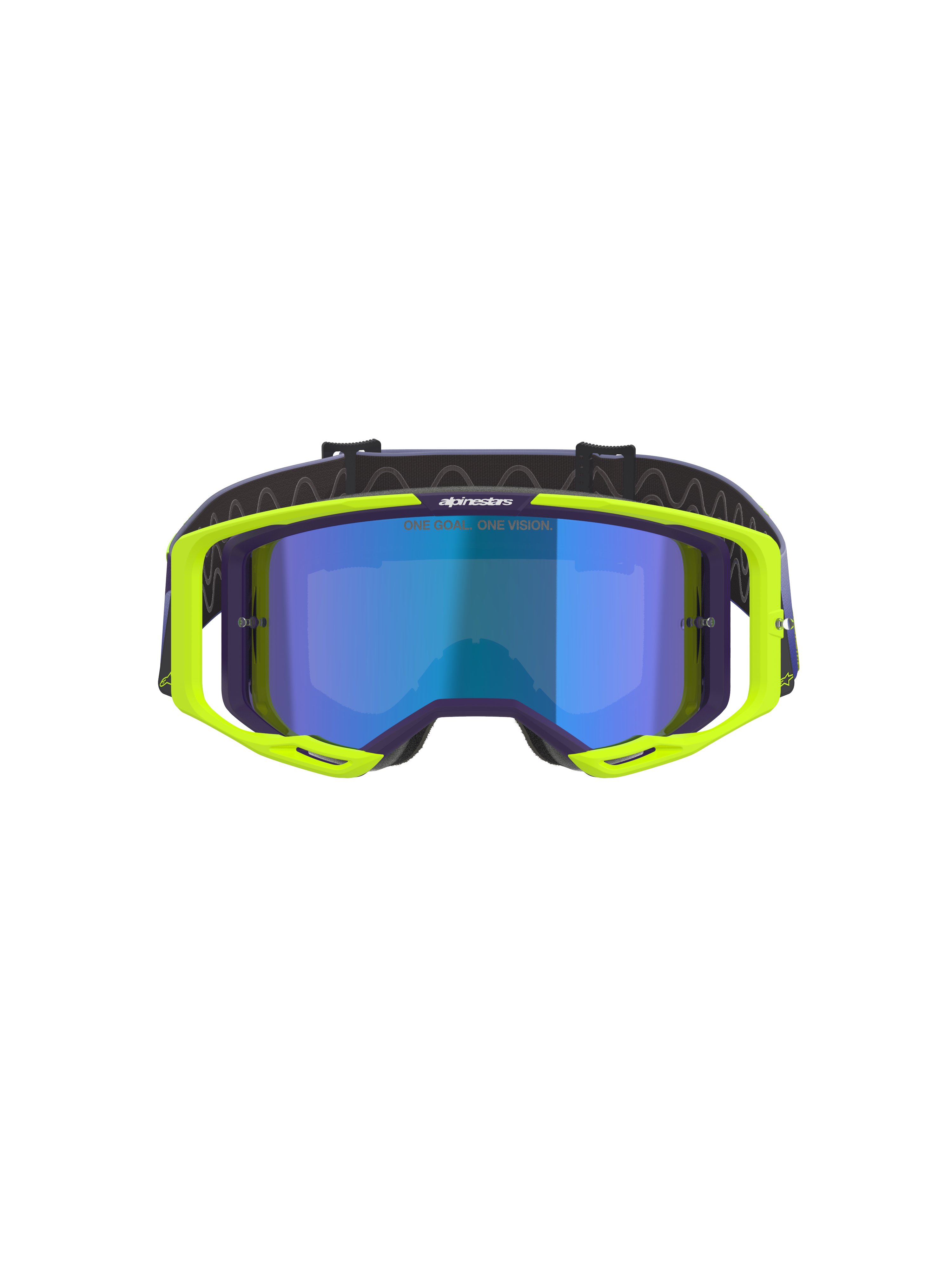 Alpinestars Vision 8 Corp Goggles, masque de motocross, violet et jaune fluo, doté d'un écran à effet miroir bleu, monture A-FLEX jaune fluo avec des accents violets et une sangle réglable violette, équipement de protection haute performance pour le tout-terrain