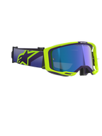Masque Alpinestars Vision 8 Corp, masque de motocross, violet et jaune fluorescent, doté d'un écran bleu miroir, large sangle violette avec logo Alpinestars jaune, monture flexible avec détails de ventilation pour la performance tout-terrain