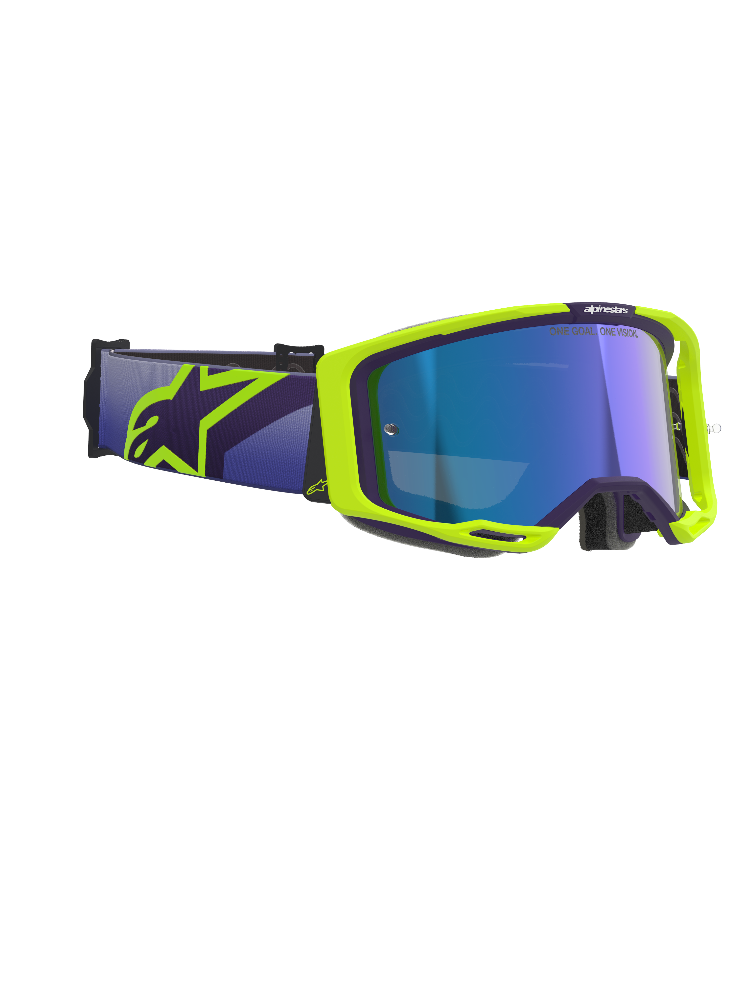 Masque Alpinestars Vision 8 Corp, masque de motocross, violet et jaune fluorescent, doté d'un écran bleu miroir, large sangle violette avec logo Alpinestars jaune, monture flexible avec détails de ventilation pour la performance tout-terrain