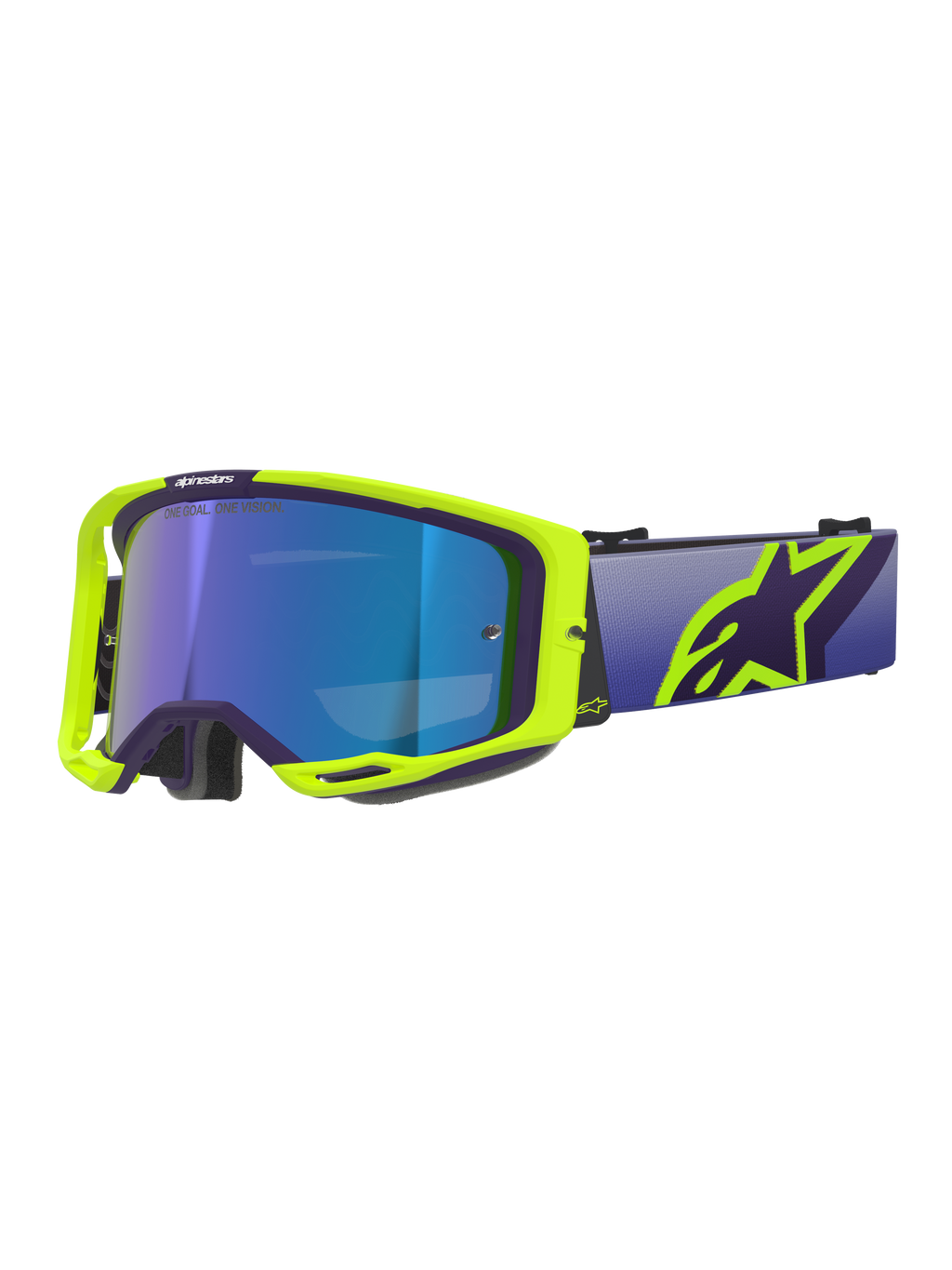 Masque Alpinestars Vision 8 Corp, masque de motocross, monture violette et jaune fluo avec écran teinté bleu miroir, doté d'une large sangle violette et d'un logo Alpinestars jaune vif, lunettes haute performance pour la course tout-terrain