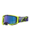Masque Alpinestars Vision 8 Corp, masque de motocross, monture violette et jaune fluo avec écran teinté bleu miroir, doté d'une large sangle violette et d'un logo Alpinestars jaune vif, lunettes haute performance pour la course tout-terrain