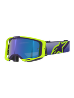 Masque Alpinestars Vision 8 Corp, masque de motocross, monture violette et jaune fluo avec écran teinté bleu miroir, doté d'une large sangle violette et d'un logo Alpinestars jaune vif, lunettes haute performance pour la course tout-terrain