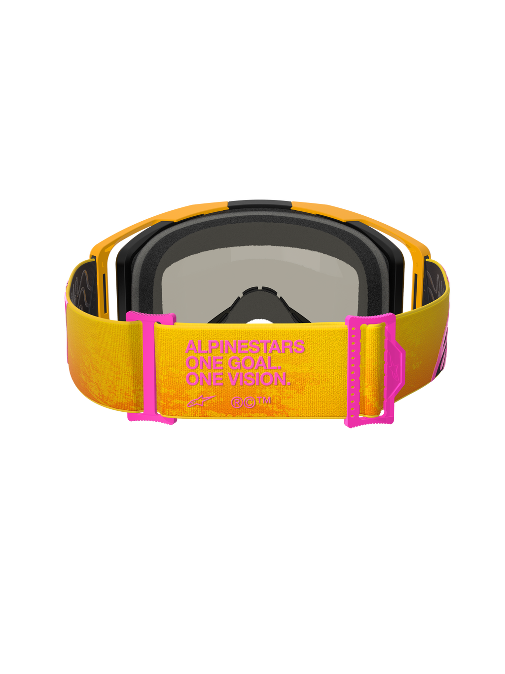 Masque de motocross Alpinestars Vision 8 Corp, orange et jaune avec accents roses, vue arrière montrant le bandeau avec l'inscription « ALPINESTARS ONE GOAL. ONE VISION. », ajusteurs de bandeau roses, monture orange avec rembourrage en mousse noire