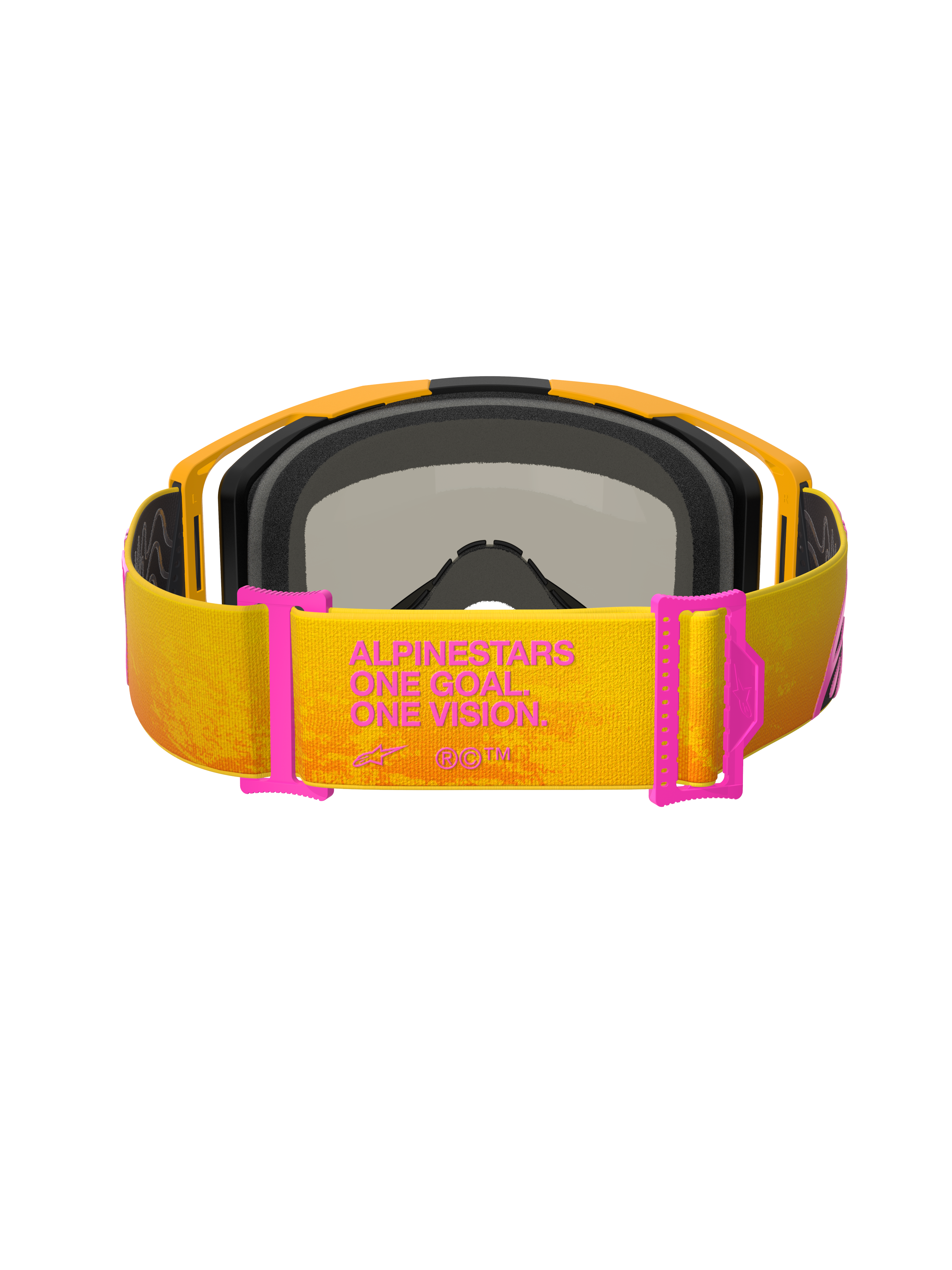 Masque de motocross Alpinestars Vision 8 Corp, orange et jaune avec accents roses, vue arrière montrant le bandeau avec l'inscription « ALPINESTARS ONE GOAL. ONE VISION. », ajusteurs de bandeau roses, monture orange avec rembourrage en mousse noire