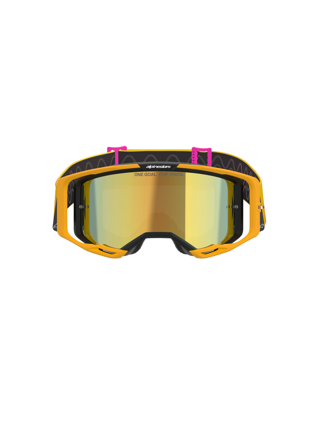 Masque Alpinestars Vision 8 Corp, masque de motocross, orange, jaune, rose et or miroir, vue de face présentant un écran miroir doré avec le texte « ONE GOAL. ONE VISION. », monture orange vif et bandeau noir avec attaches roses et motifs de lignes ondulées