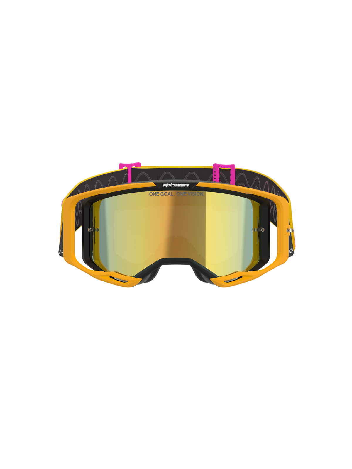 Masque Alpinestars Vision 8 Corp, masque de motocross, orange, jaune, rose et or miroir, vue de face présentant un écran miroir doré avec le texte « ONE GOAL. ONE VISION. », monture orange vif et bandeau noir avec attaches roses et motifs de lignes ondulées