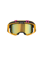 Masque Alpinestars Vision 8 Corp, masque de motocross, orange, jaune, rose et or miroir, vue de face présentant un écran miroir doré avec le texte « ONE GOAL. ONE VISION. », monture orange vif et bandeau noir avec attaches roses et motifs de lignes ondulées