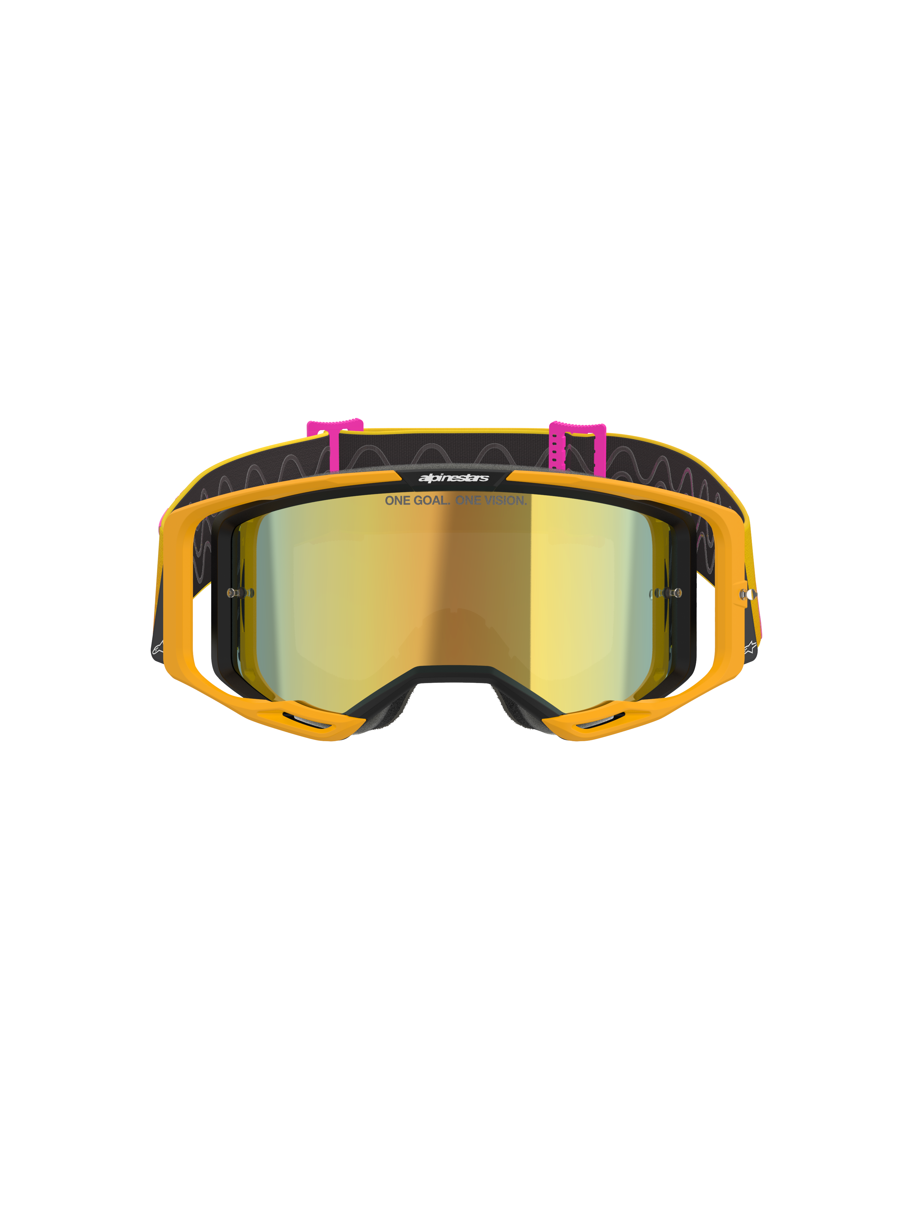 Masque Alpinestars Vision 8 Corp, masque de motocross, orange, jaune, rose et or miroir, vue de face présentant un écran miroir doré avec le texte « ONE GOAL. ONE VISION. », monture orange vif et bandeau noir avec attaches roses et motifs de lignes ondulées