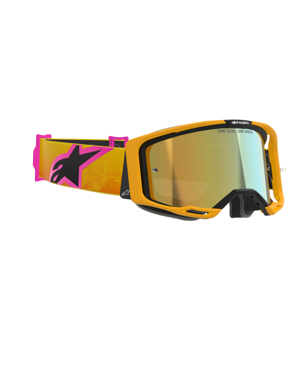 Masque Alpinestars Vision 8 Corp, masque de motocross, monture orange avec écran miroir doré, bandeau orange et rose arborant le logo Alpinestars noir, conception haute performance pour la course tout-terrain
