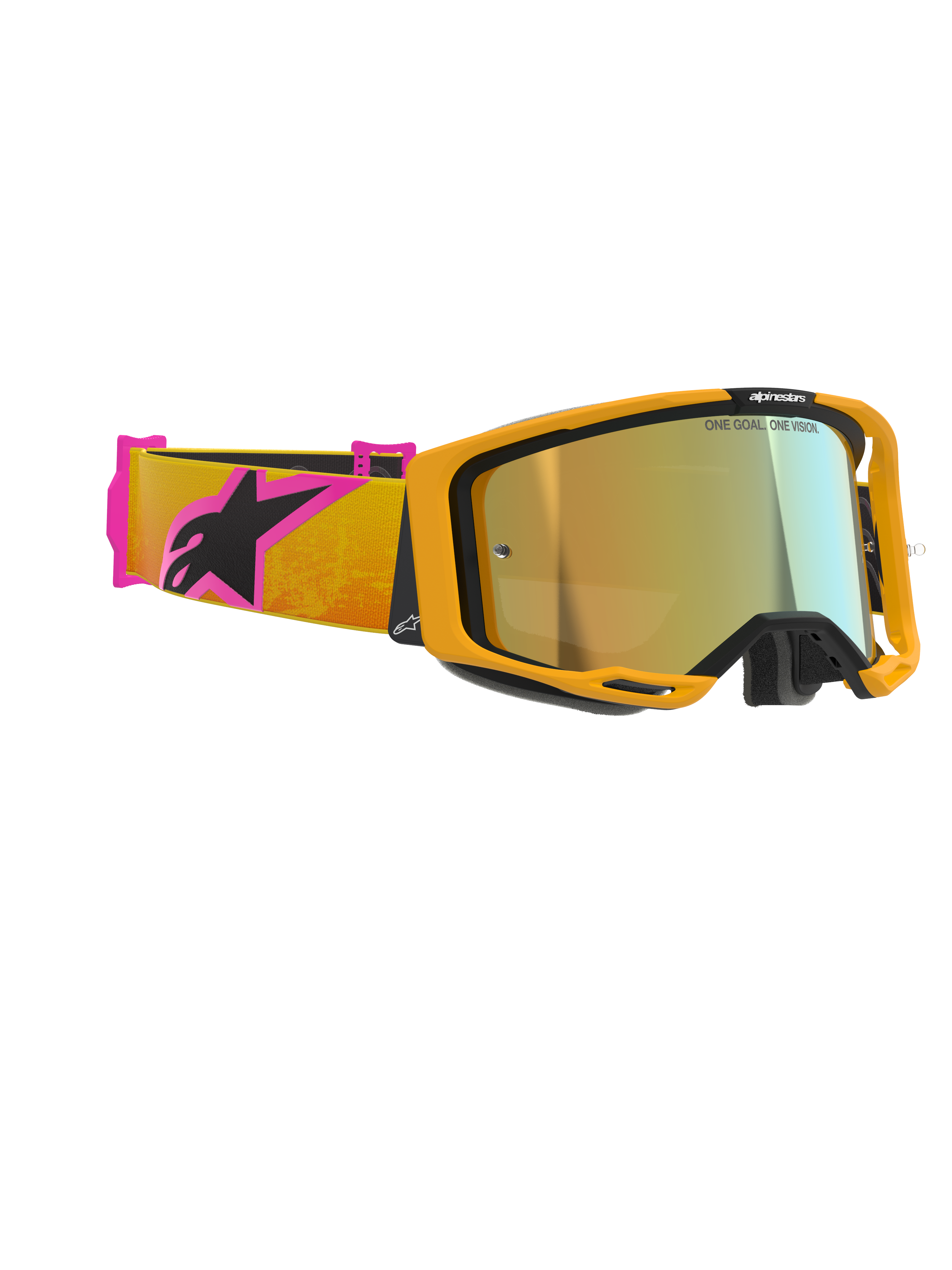 Masque Alpinestars Vision 8 Corp, masque de motocross, monture orange avec écran miroir doré, bandeau orange et rose arborant le logo Alpinestars noir, conception haute performance pour la course tout-terrain