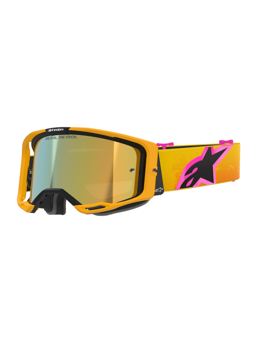 Masque Alpinestars Vision 8 Corp, masque de motocross, monture orange avec écran doré miroir, bandeau dégradé jaune et orange avec un grand logo Alpinestars rose et noir, design haute performance épuré pour la course tout-terrain