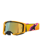 Masque Alpinestars Vision 8 Corp, masque de motocross, monture orange avec écran doré miroir, bandeau dégradé jaune et orange avec un grand logo Alpinestars rose et noir, design haute performance épuré pour la course tout-terrain